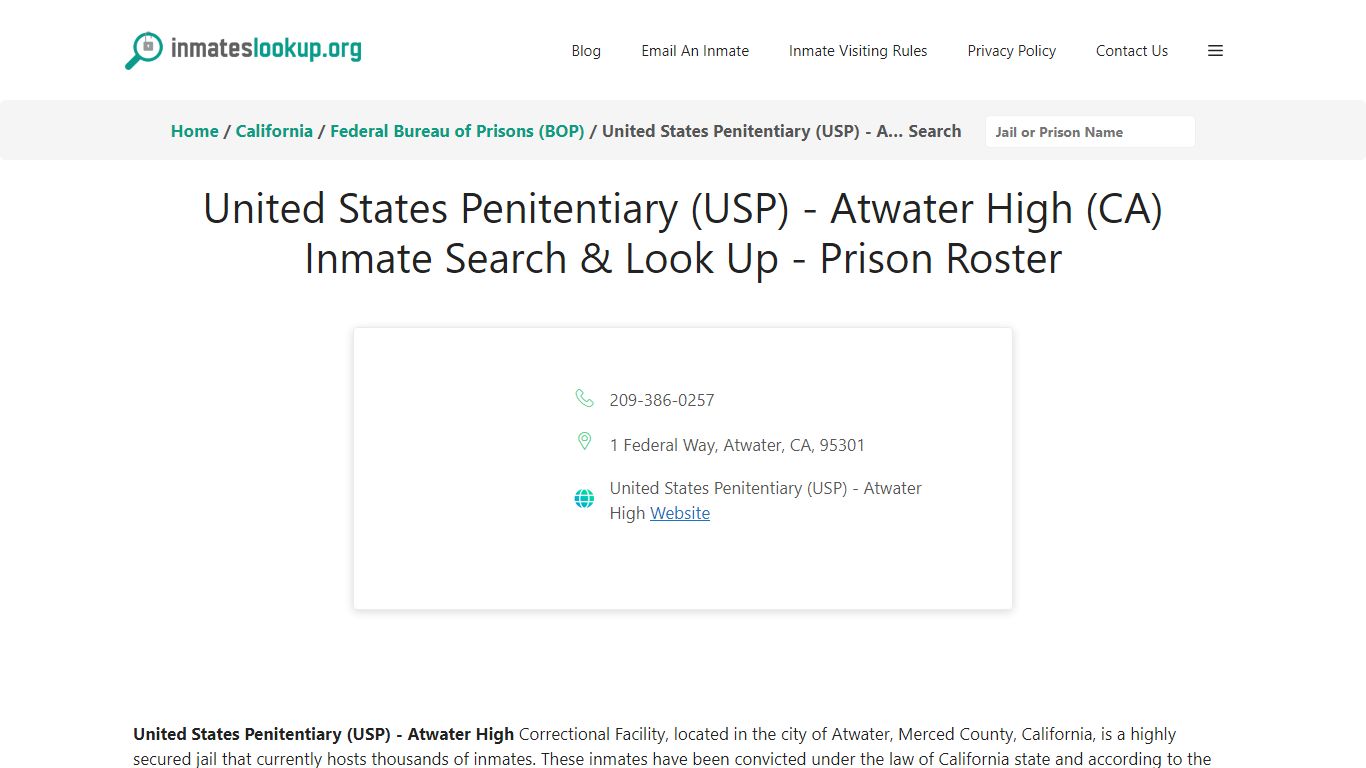 United States Penitentiary (USP) - Atwater High (CA) Inmate Search ...