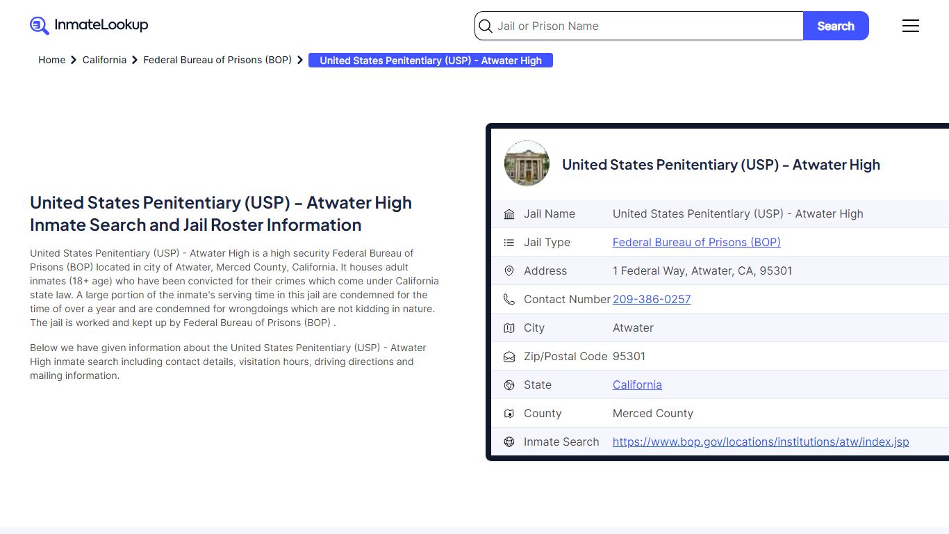 United States Penitentiary (USP) - Atwater High Inmate Search, Jail ...